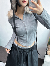 FUR PETIT SLIM HALF CROPPED ZIP-UP 🖤🩶🤍3COLOR