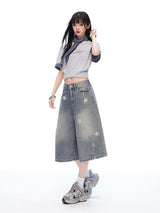 Vintage Star Print Washed Wide Cropped Denim Pants
