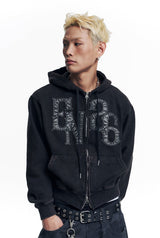 Washed Leather Patch Hooded Zip-Up - Black