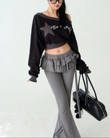 Star patch off-shoulder cropped sweatshirt