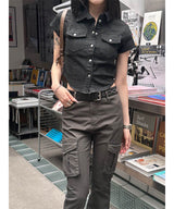 Pocket denim crop shirts(3color)
