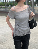 Mad Off-Shoulder Short Sleeve Mesh Lace Sleeveless Set