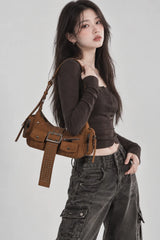 Y2K Stud Buckle Multi-Pocket Moto Shoulder Bag