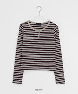 Mibat Stripe Henley Neck Long Sleeve Tee