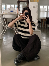 ボーダーふわふわスキッパー半袖ニット(3color)