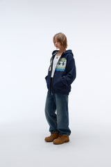 Sound wave artwork damage washing hoodie zip-up (Navy)