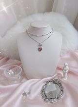 [IDLE Shuhua Necklace] ローズピンクハートプリンセスレイヤードネックレス - シルバーカラー