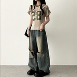 Andy Knee Damage Cutting Deep Washed Denim Wide Pants