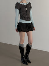 デュアルレイヤードカラーボートネックTシャツ