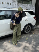 カーキ カーゴ ワイドレッグ ストレート パンツ