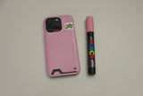 home square patch card pocket phone case pink