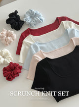 #Back Slit Square Short Sleeve Knit + Scrunchie Set (5color)