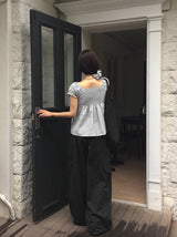 [Scrunch SET ] Unru Puff Shirring Layered Button Blouse
