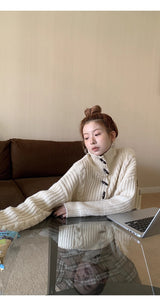high-neck button bold ribbed loose fit knitwear