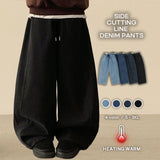 Foton waist banding side incision fleece denim wide pants
