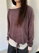カラン オフショルダー ストラップ ストライプ ロングスリーブ Tシャツ