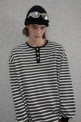 ストライプヘンリーネックTシャツ - Black