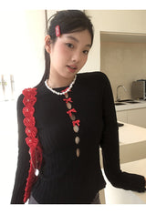 Red bow slit long-sleeved knit shirt