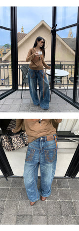 Pocket Embroidery Straight Long Denim Pants