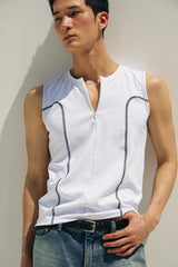 Curved half zip up sleeveless(White)