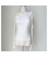 Unbuttoned off-shoulder halter strap long sleeve T-shirt (3 colors)