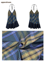blue frill checkered frill sleeveless dress