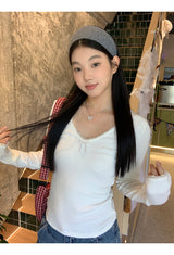 Pearl Bow V-neck V-neck V-neck Long Sleeve T-shirt