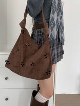 Brown Haze Flower Punching Suede Twist Shoulder Bag (Brown)