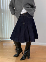 Dark blue raw cotton flared pleats midi skirt