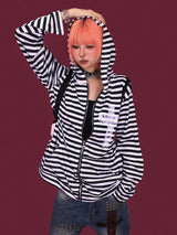 cross striped loose hood zip-up