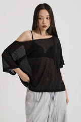 ニットワンショルダーTシャツ, Black