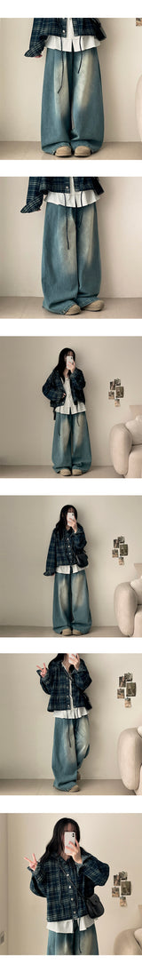 Flex waist string two-pin tuck snap wide denim pants