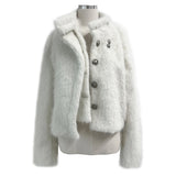Classic Metal Wave Double Button High Neck Fur Coat (White)