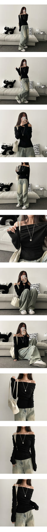 Lean Shirring Unbalanced Long Sleeve T-shirt