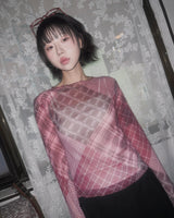 (2color) Sheer Patchwork Check Mesh Wave Tee
