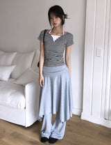 26SS★ [MADE/Skirt+Pants SET] Forin Bootcut Pants Unbalance Shirring Flare Layered Skirt