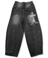 Cross Print Curved Ballon Denim_Black