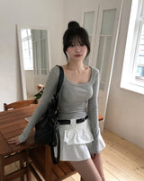 [U-BASIC] Marron Square Neck Slim Long Sleeve