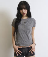 Untitled Numbering Layered Henley Neck Crop Short Sleeve Gray