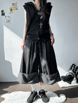 Check Roll-Up Detail Raw Denim Bermuda Shorts 2color