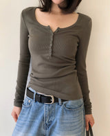 [ORIGINAL] Clock Ribbed Henley Neck Long-Sleeve T-Shirt