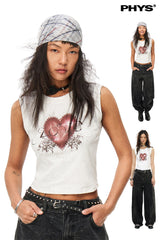 Knitted mesh panelled print hot diamond brad vest