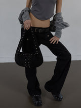 SUEDE STUDDED SHOULDER BAG / BLACK