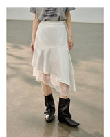 Asymmetric Lace Mix Silk Midi Skirt