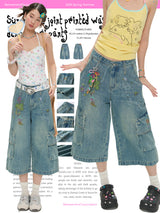 BETWEENAND summer bird illustration collaboration washed denim jeans loose and slimming cropped pants