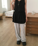 Diner Vertical Stripe Waist Banding Linen Long Summer Pants 2 Colors