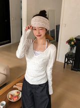 #Flower Ribbon Cotton100 Eyelet T-shirt (3color)