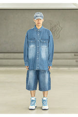 リラックスウォッシュドデニムポケットロングシャツ MSFST001-BL