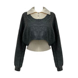 Halter collar sleeveless & long sleeve cropped knit two-piece set (2 colors)