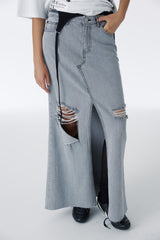 DAMAGED LONG DENIM SKIRT (GRAY)